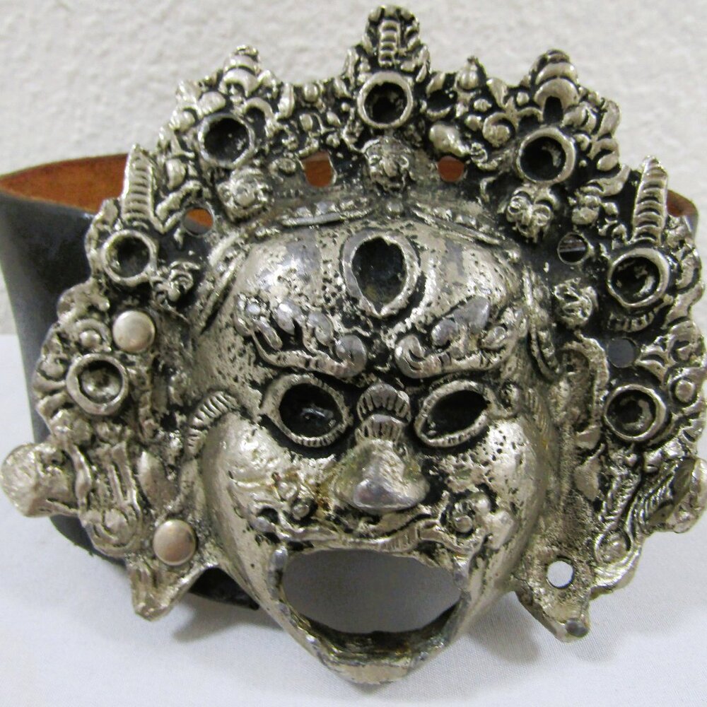 1980 José Cotel Signed Paris France Large Aztec Mask Buckle Wide Leather Belt - Picture 2 of 8